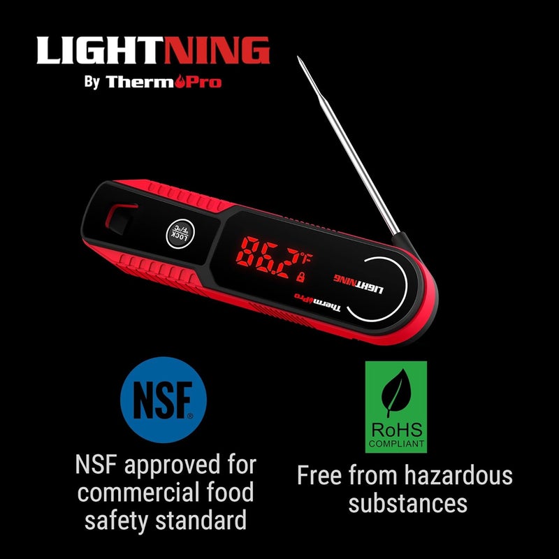 ThermoPro مقياس حرارة اللحم الفوري Lightning 1-Second، مقياس حرارة الطعام في المطبخ مع خاصية الاستيقاظ/النوم التلقائي/عرض دوار بزاوية 180°، مقياس حرارة للطهي مقاوم للماء للقلي العميق، المدخن، الشواء، والشواية - Image 2